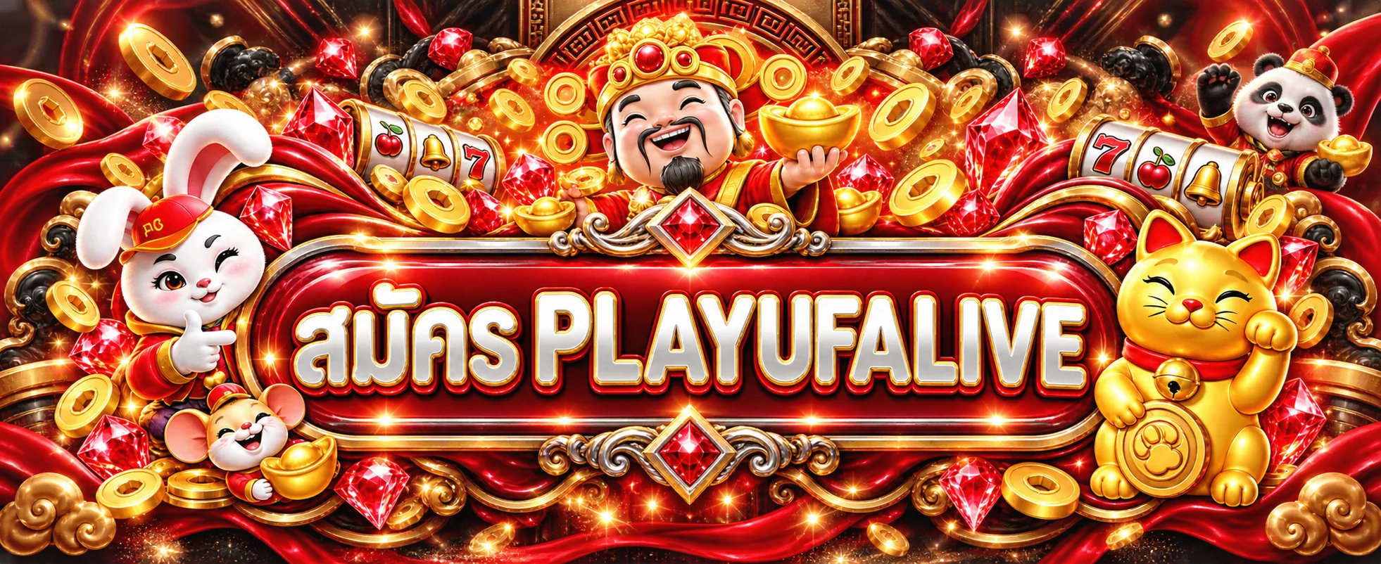 ป้ายสมัคร PLAYUFALIVE พร้อมตัวละครมงคลโทนแดงทอง